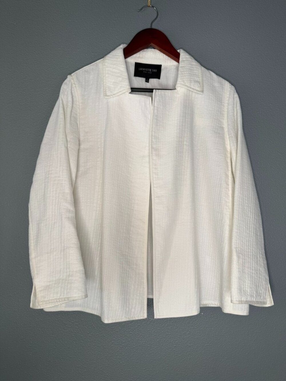 Lafayette 148 White Cotton Silk Textured Open Front Jacket Large Quiet Luxury